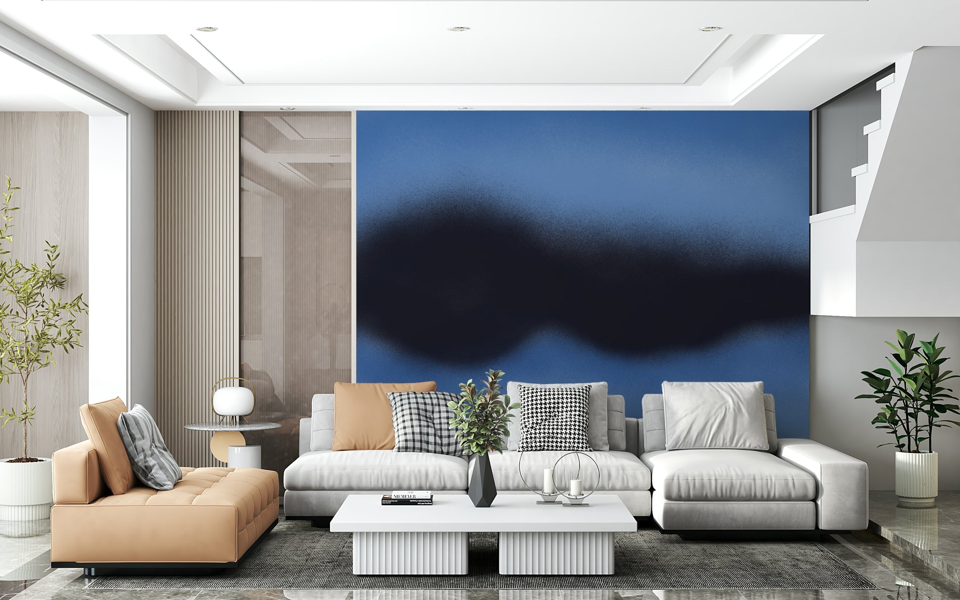 A beautiful abstract blue wallpaper mural for a modern home.
