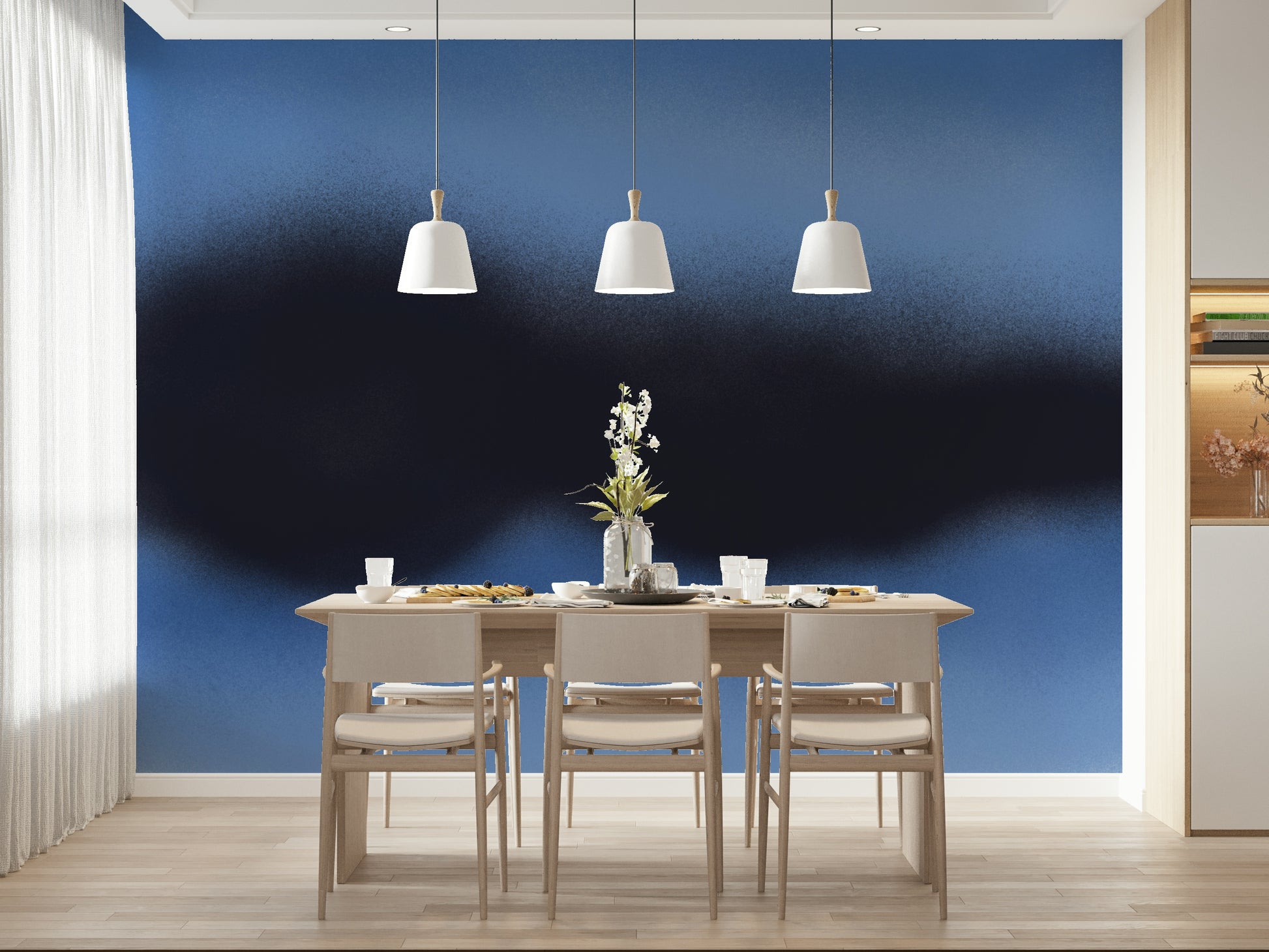 A serene flowing design wall mural in azure and white.