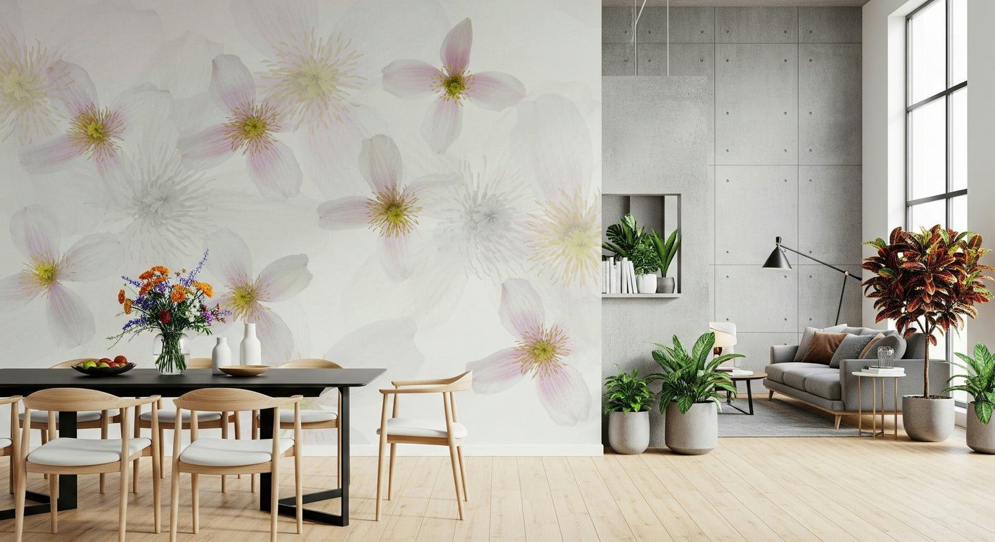 A graceful subtle bloom wall mural in soft, elegant tones.