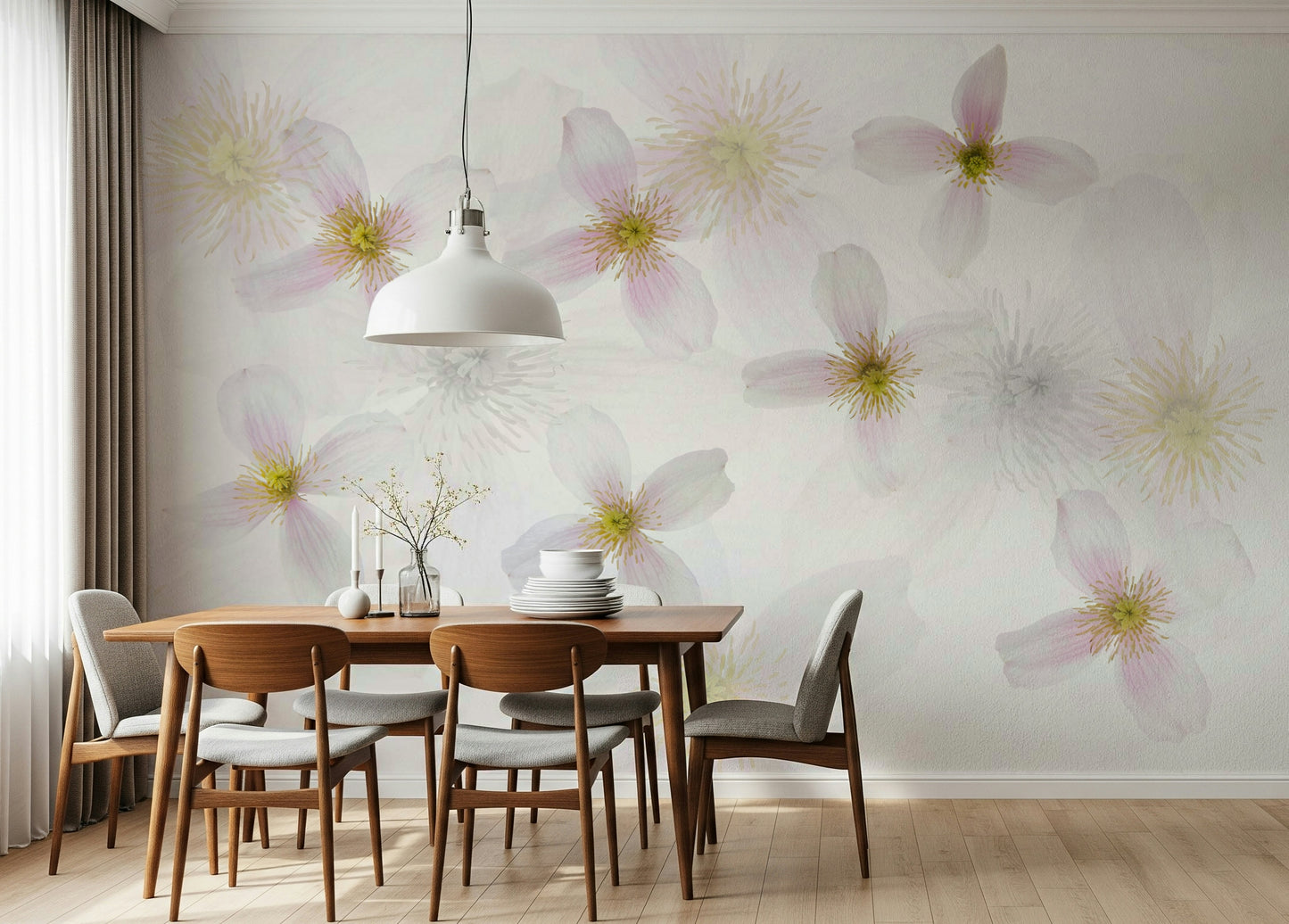 An artistic gentle petal mural on minimalist wallpaper.