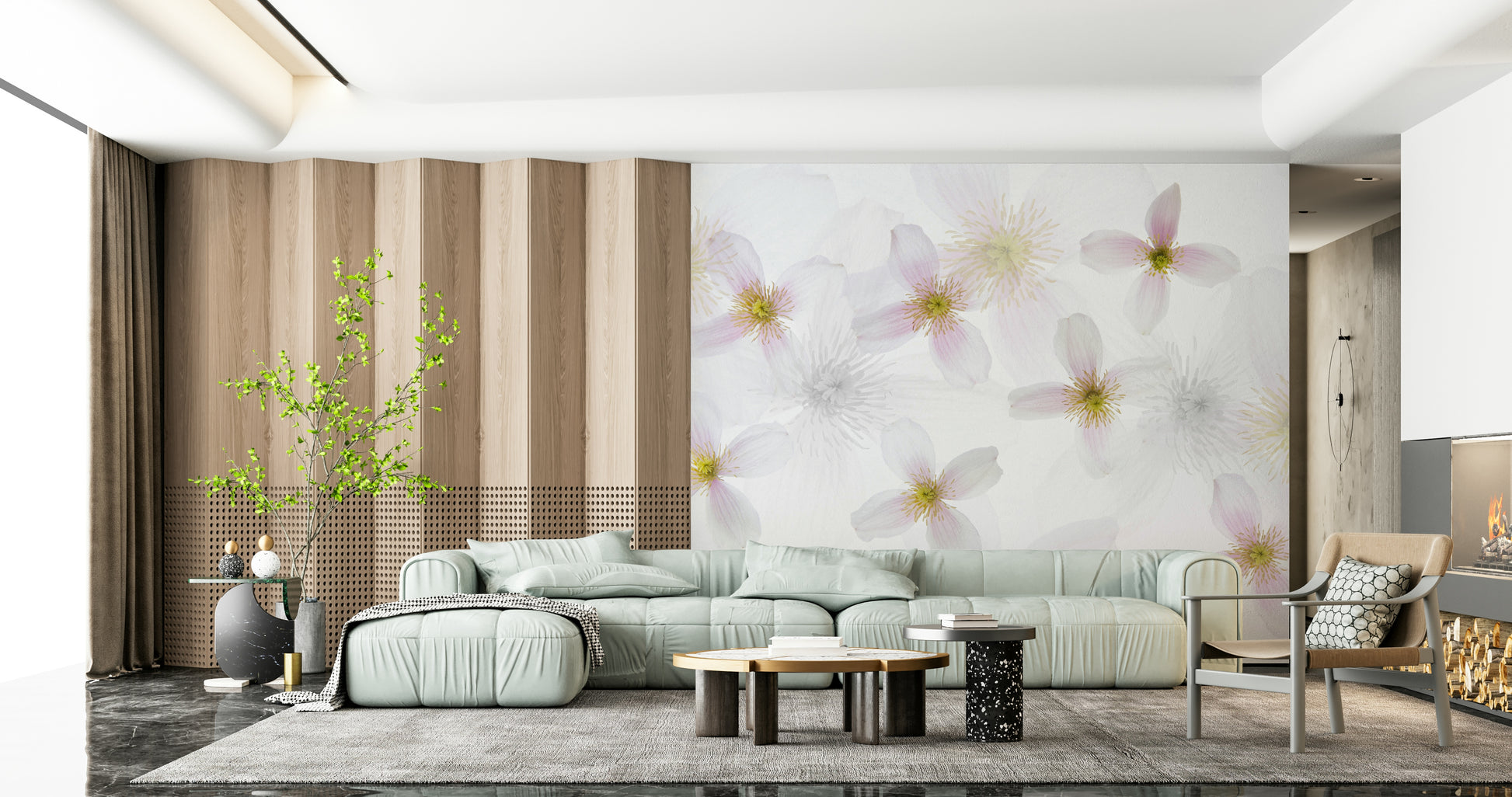 A peaceful flower design mural on decorative wallpaper.