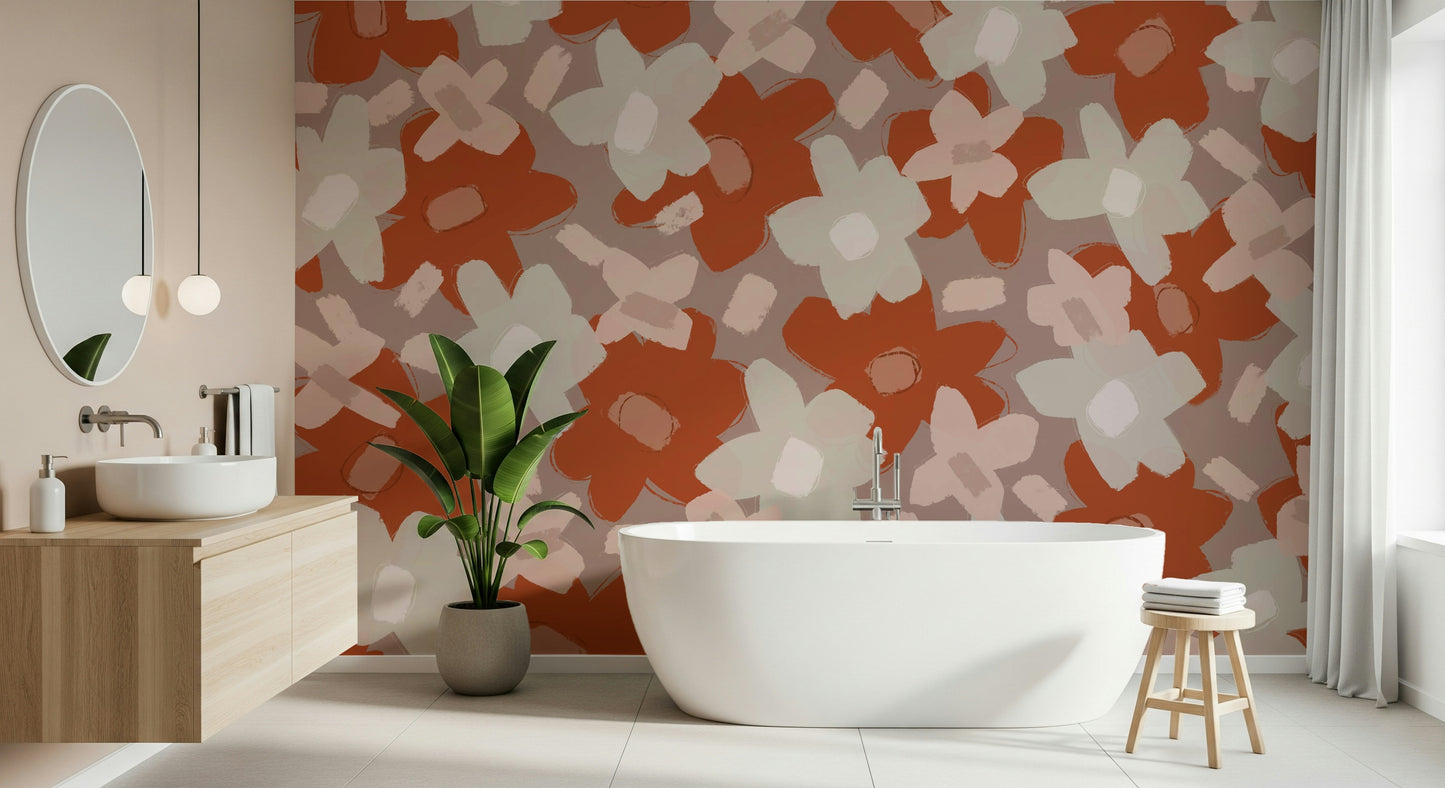 A serene subtle flower wall mural in terracotta and natural tones.