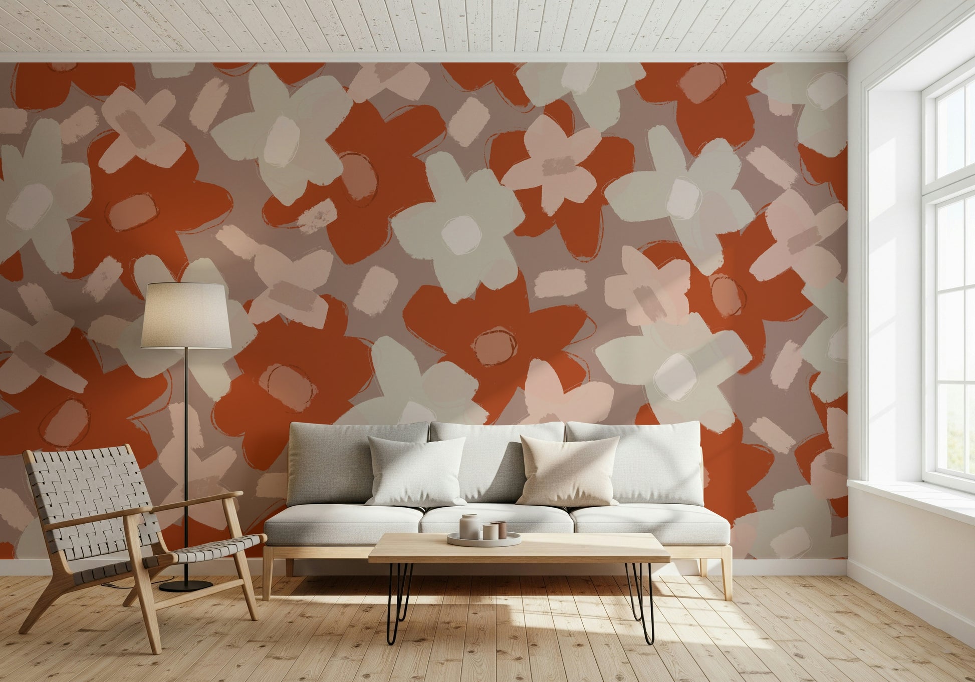 A graceful subtle bloom wall mural in warm, earthy tones.