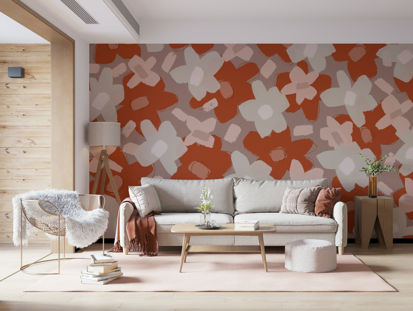 An artistic delicate bloom mural on minimalist wallpaper.