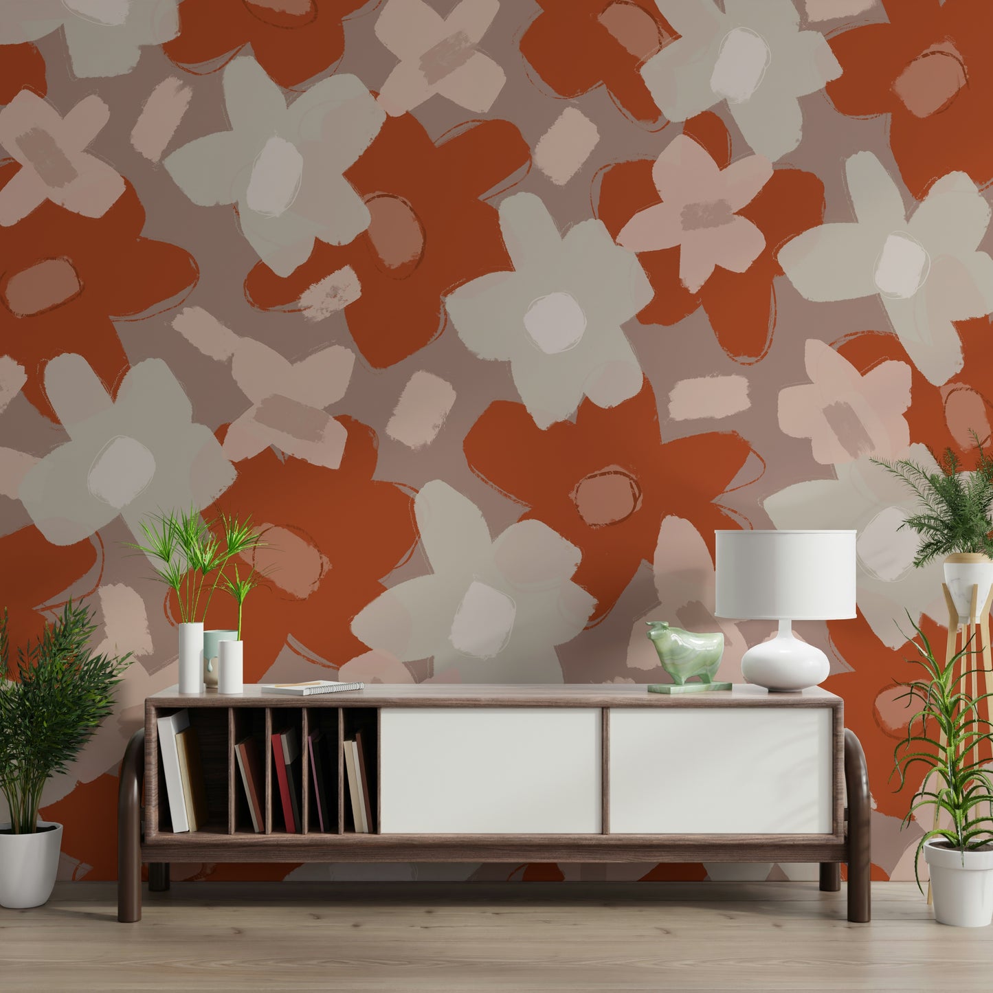A peaceful flower design mural on decorative wallpaper.