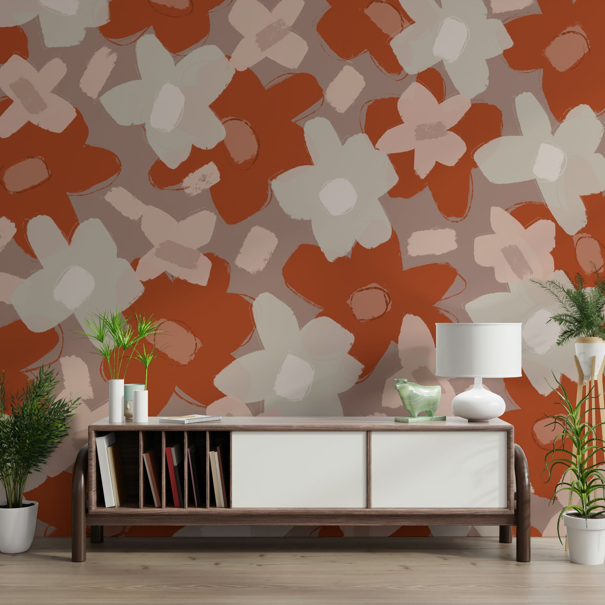 A peaceful flower design mural on decorative wallpaper.