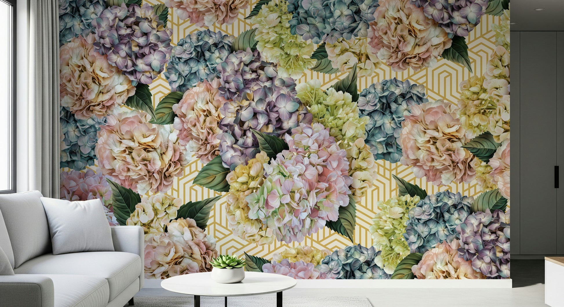 An artistic delicate bloom mural on minimalist wallpaper.