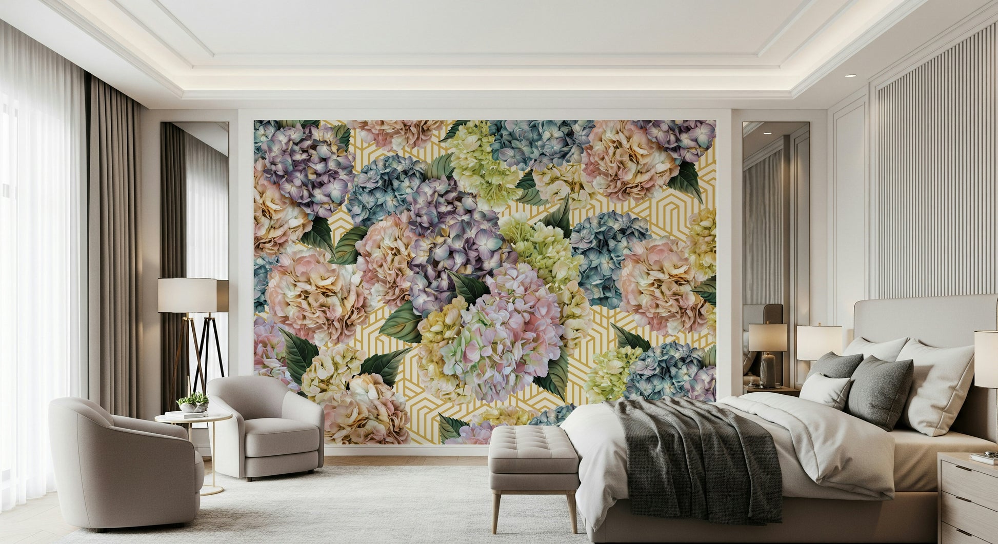A calming floral design wallpaper mural that defines a space.