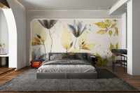 A graceful subtle bloom wall mural in soft, elegant tones.