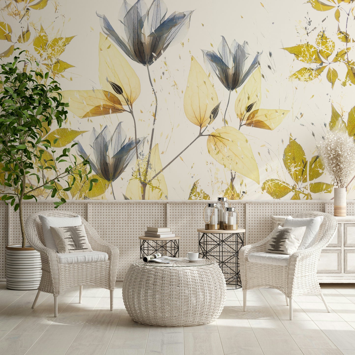 A peaceful flower design mural on decorative wallpaper.
