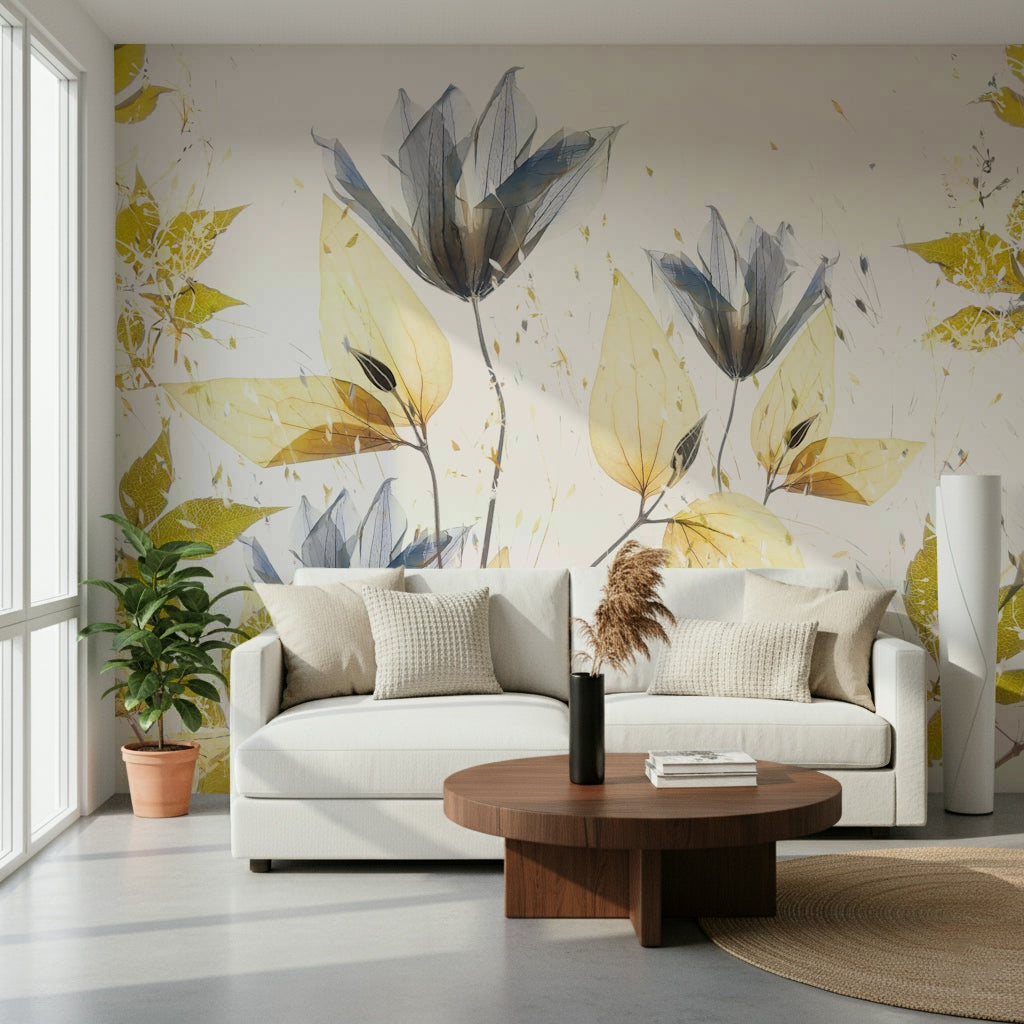 A contemplative floral pattern wallpaper mural for a feature wall.