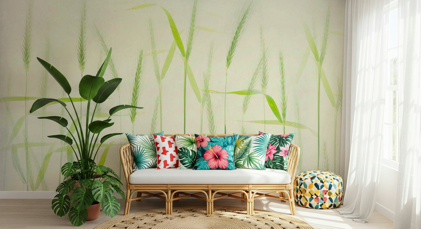 A peaceful open country mural on decorative wallpaper.