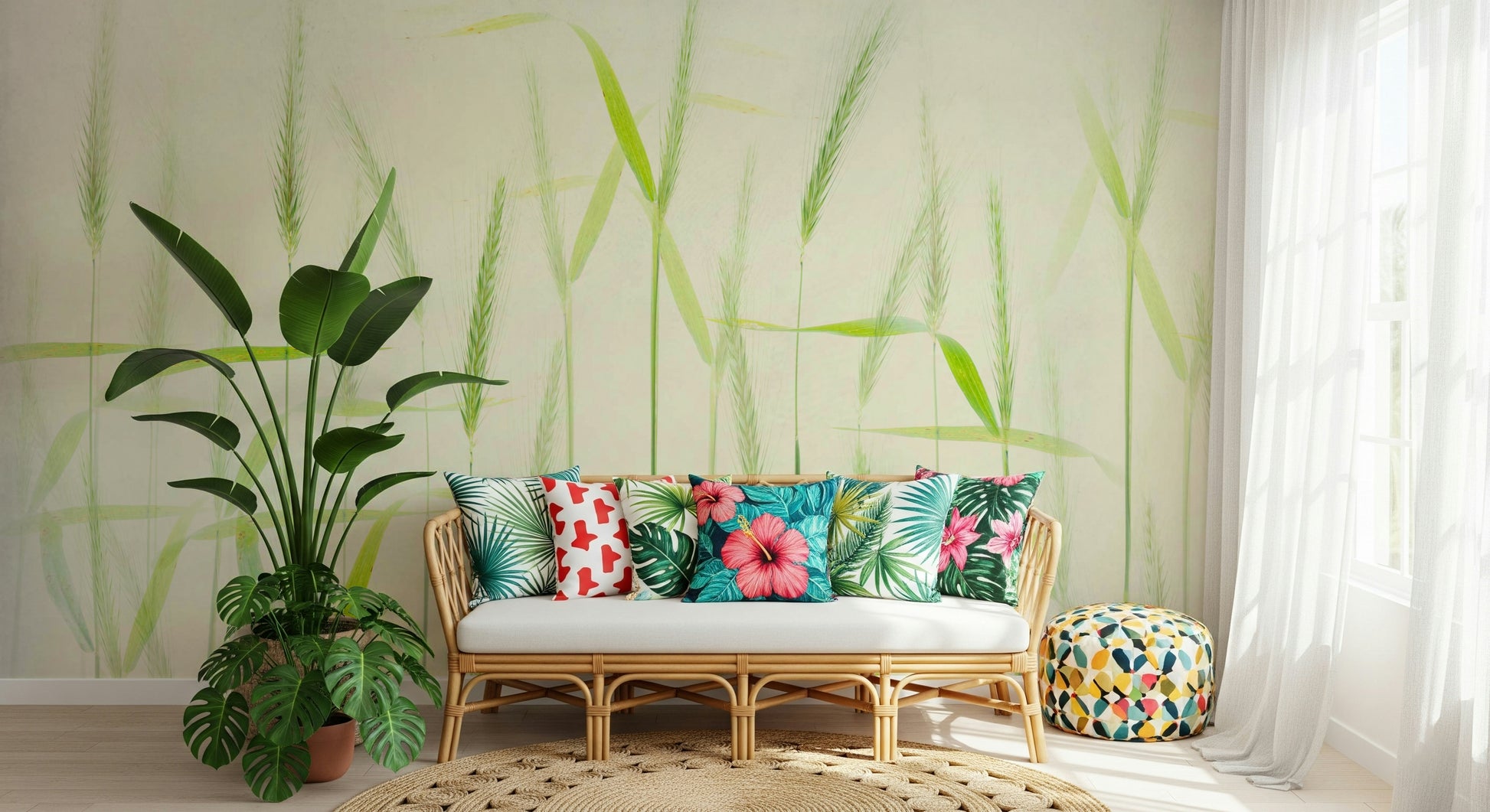 A peaceful open country mural on decorative wallpaper.