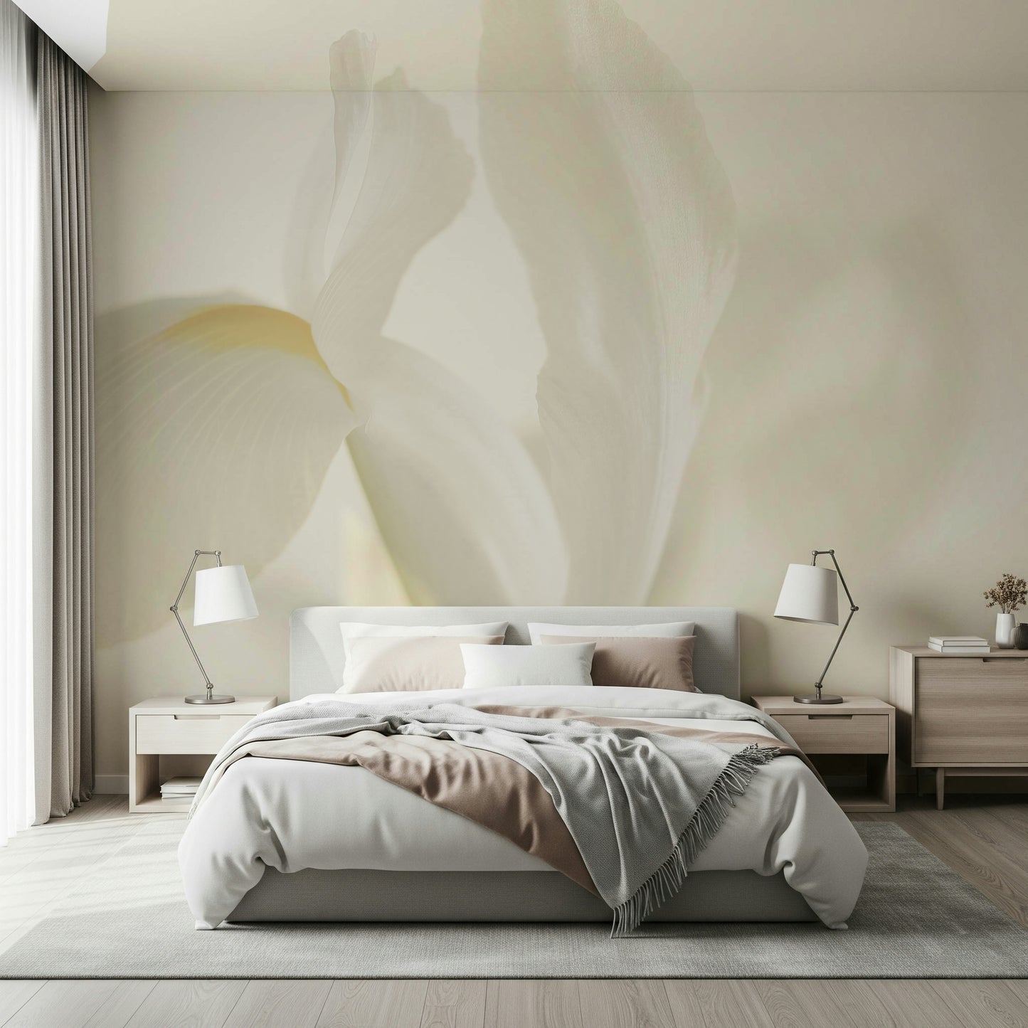 A peaceful flower design mural on decorative wallpaper.