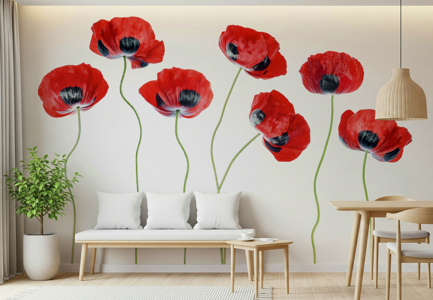 A peaceful flower design mural on decorative wallpaper.