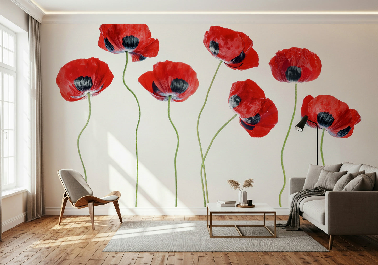 A calming floral design wallpaper mural that defines a space.