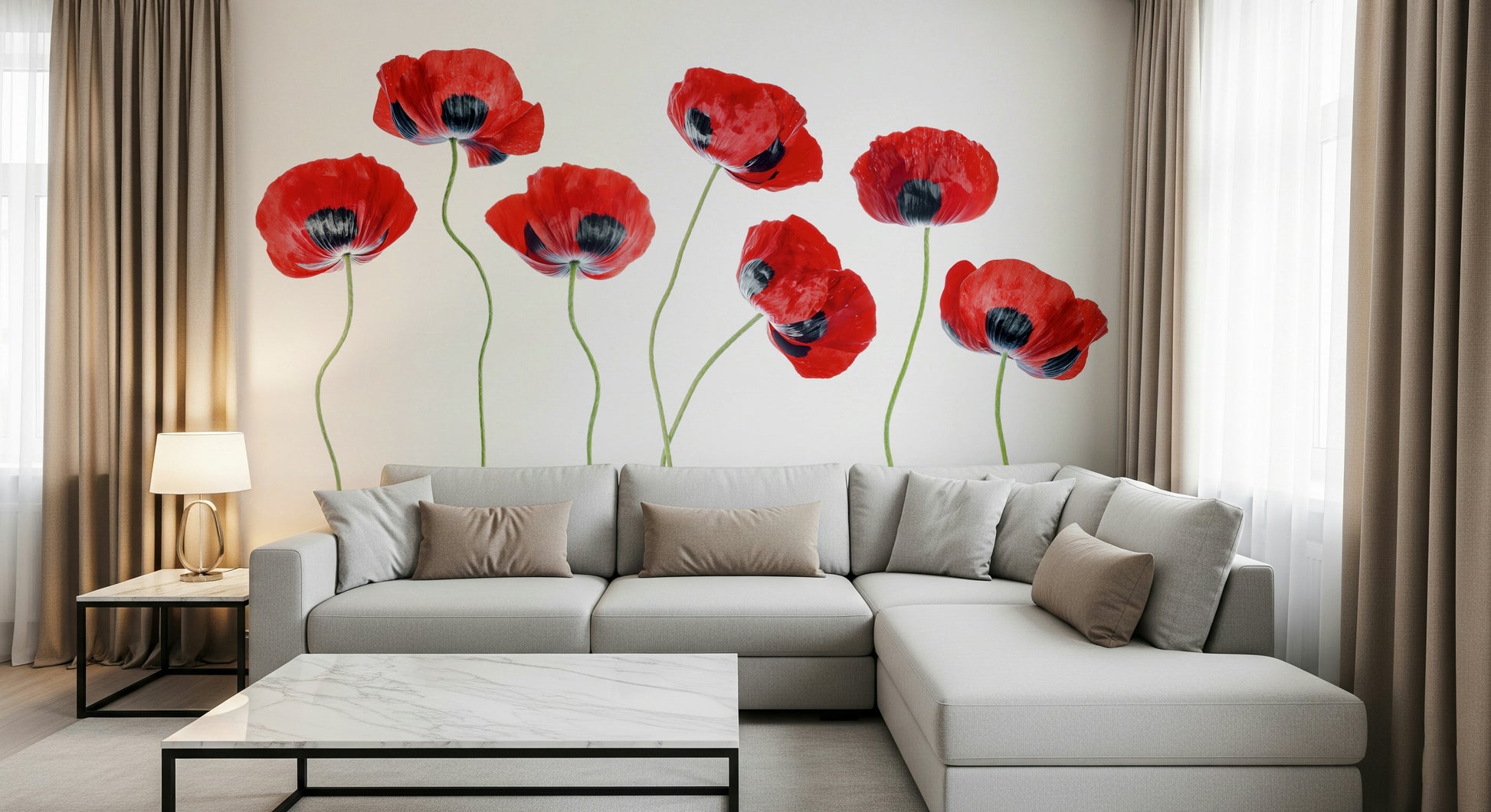 A beautiful red floral field wallpaper mural for a modern home.