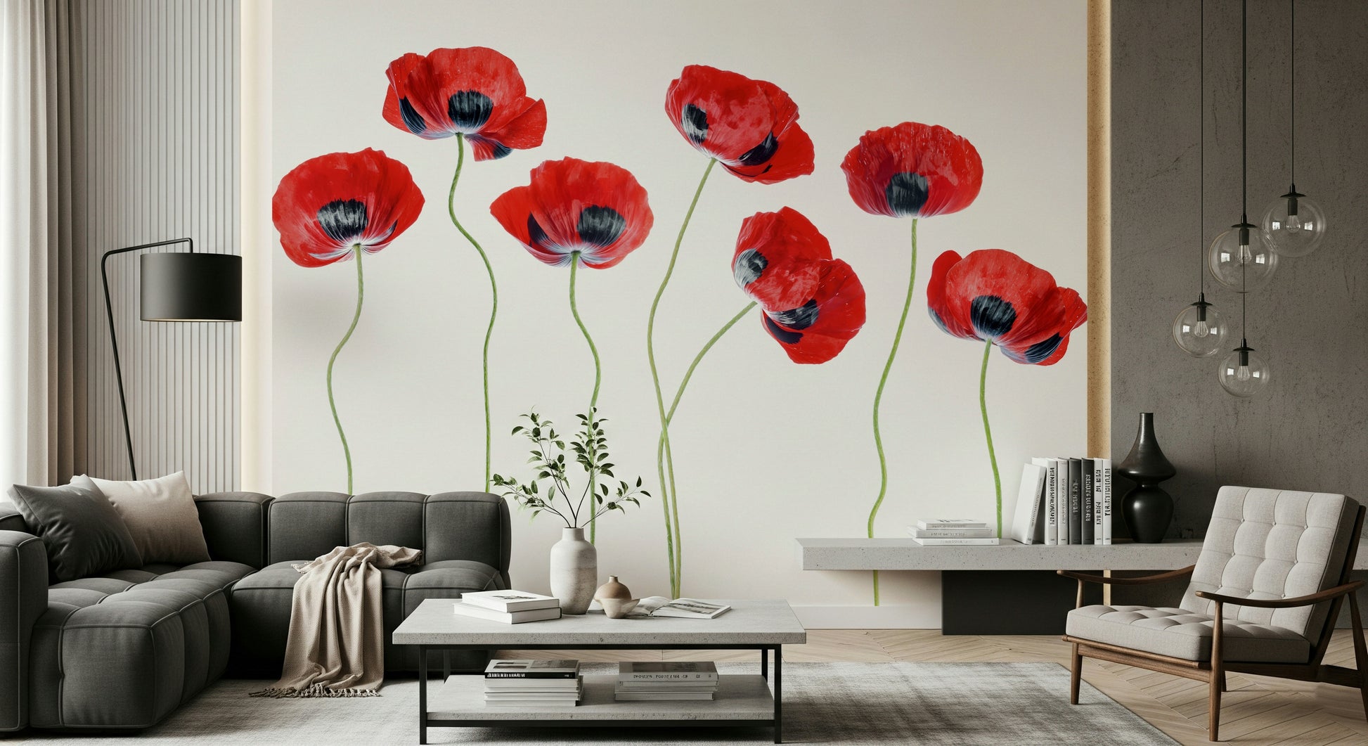 An artistic delicate bloom mural on minimalist wallpaper.