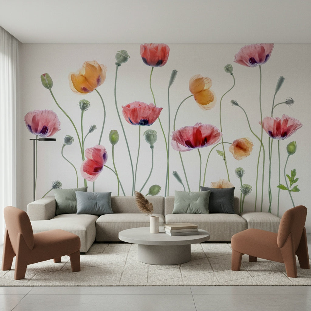 A beautiful modern art wall mural of delicate flowers.