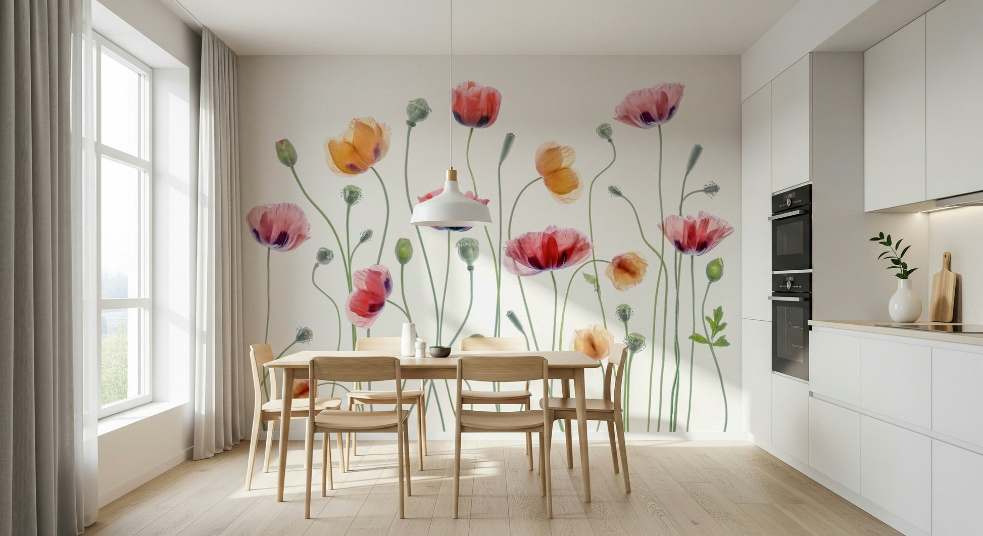 A calming floral design wallpaper mural that defines a space.