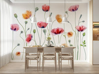 A peaceful flower design mural on decorative wallpaper.