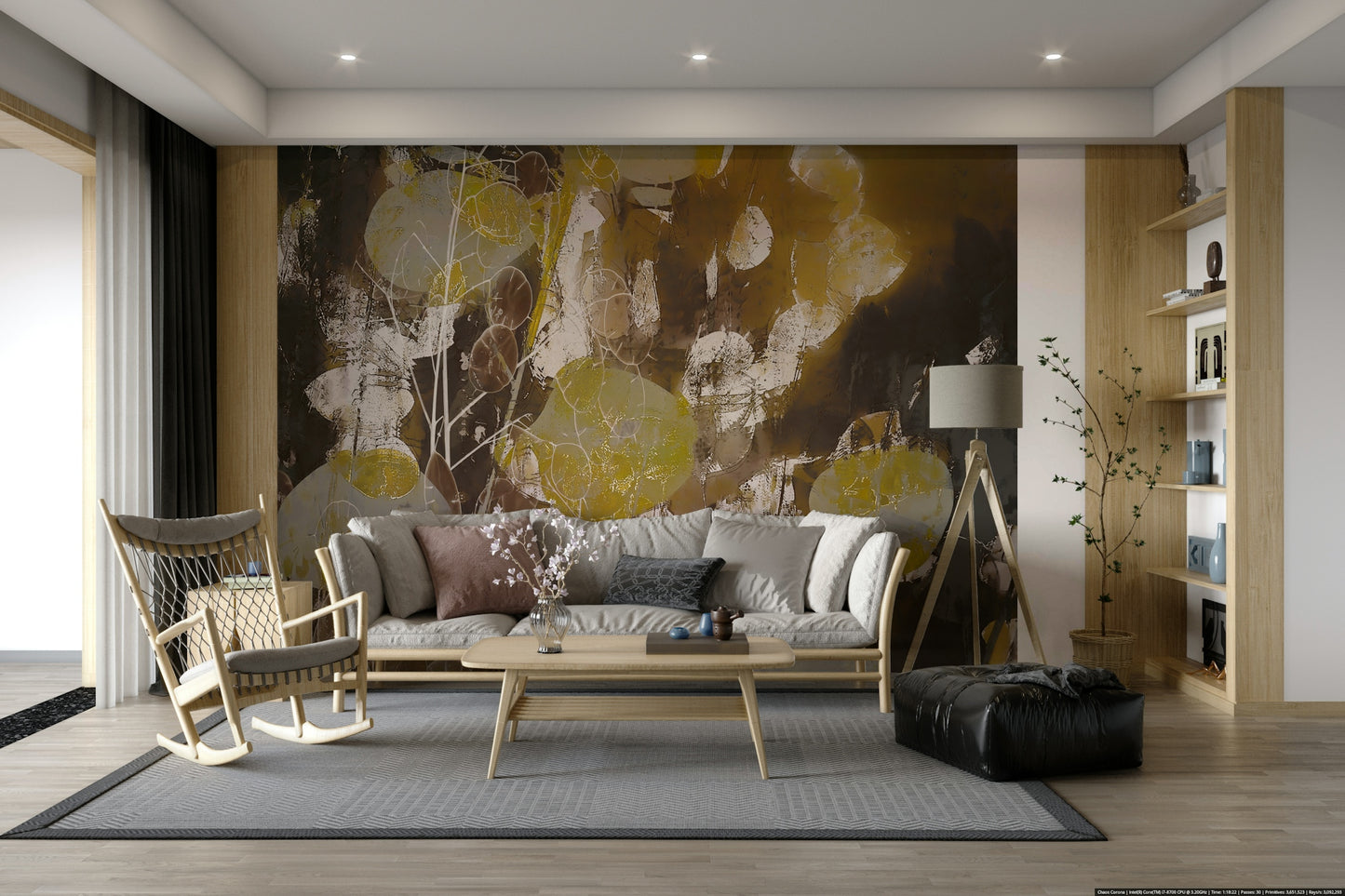 An artistic delicate bloom mural on luxury wallpaper.