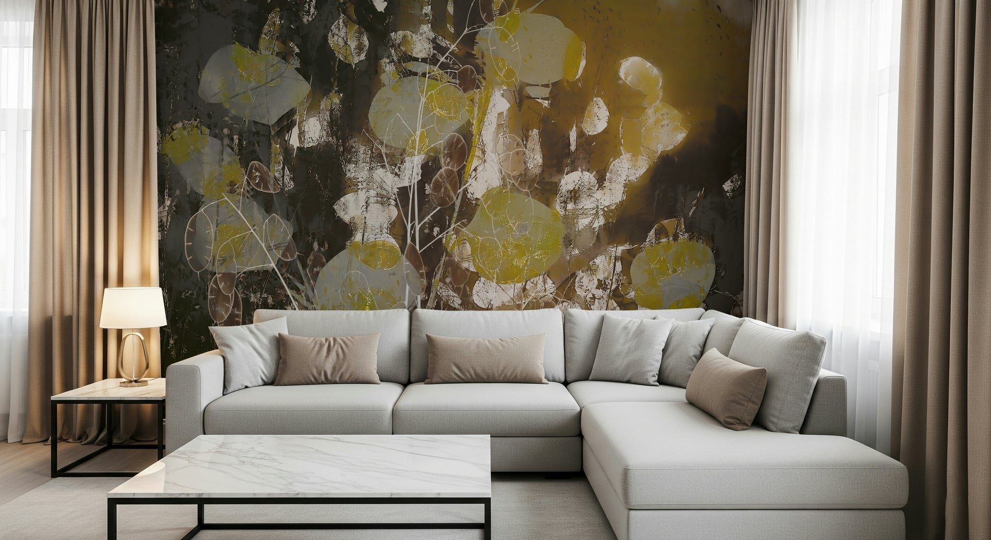 A peaceful flower design mural on decorative wallpaper.