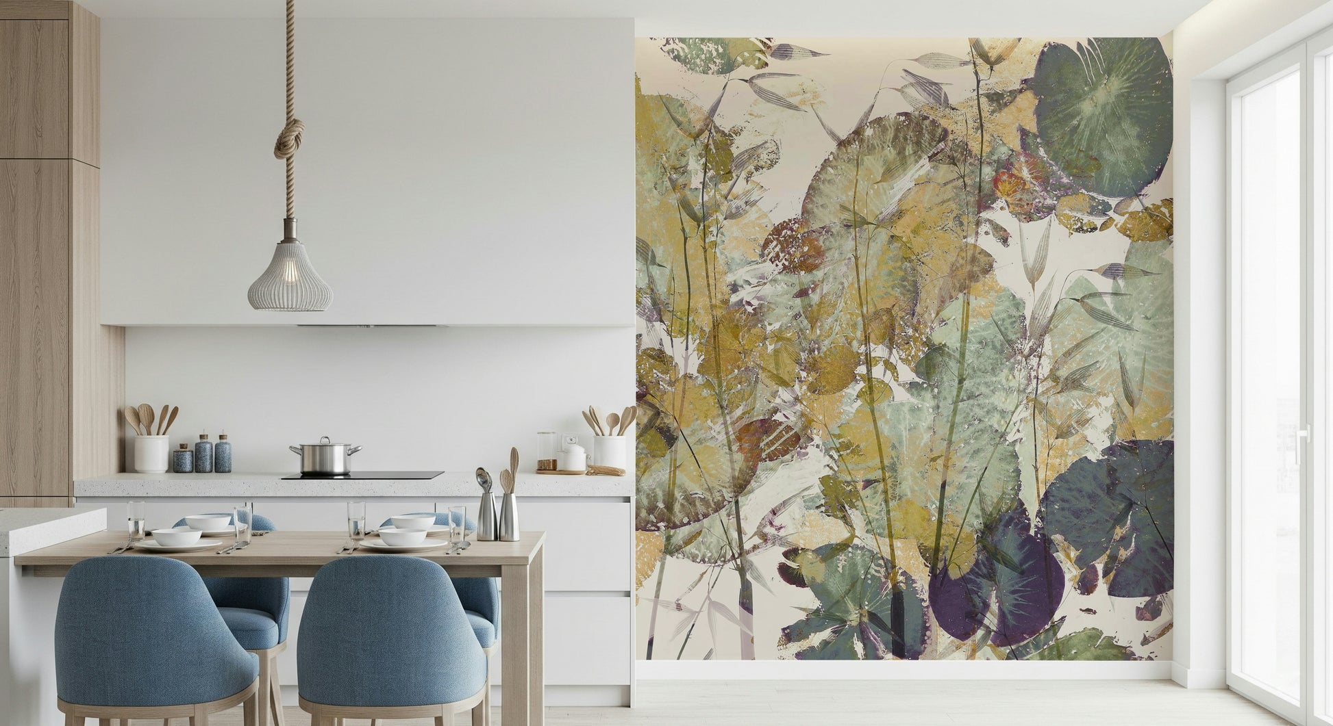 A graceful subtle leaf wall mural in cool, natural tones.