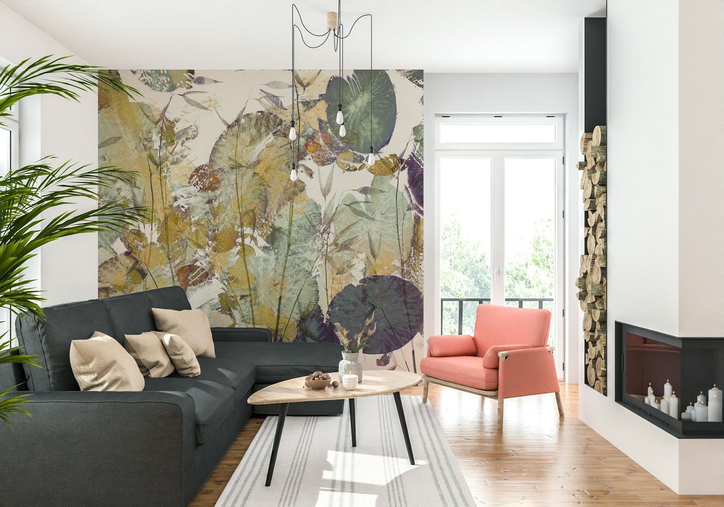 A peaceful overlapping leaf mural on decorative wallpaper.
