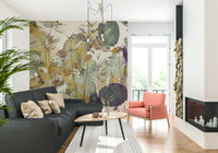 A peaceful overlapping leaf mural on decorative wallpaper.