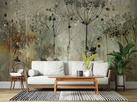 An artistic delicate bloom mural on minimalist wallpaper.