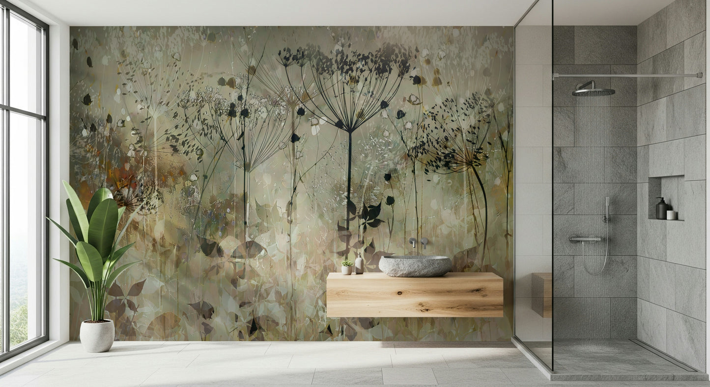 A peaceful flower design mural on decorative wallpaper.