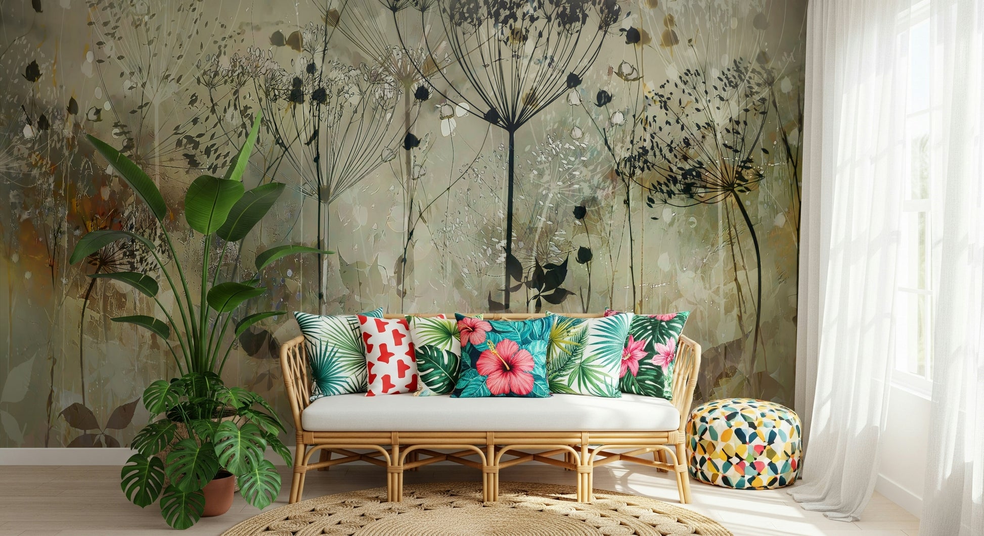 A calming floral design wallpaper mural that defines a space.