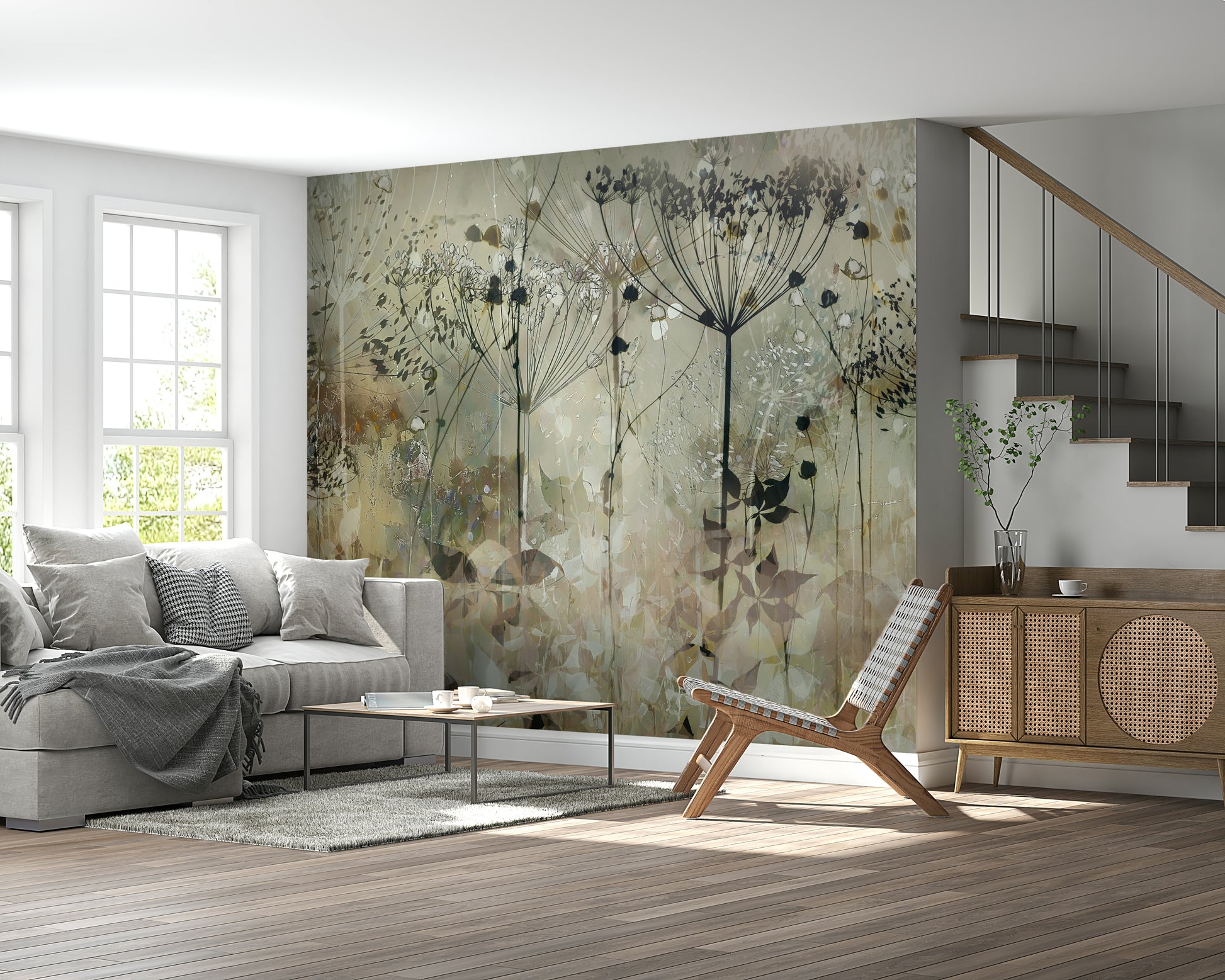 A contemplative floral pattern wallpaper mural for a feature wall.