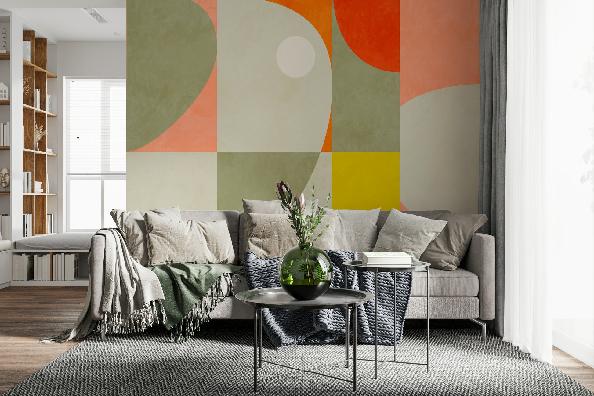 A peaceful geometric design mural on decorative wallpaper.