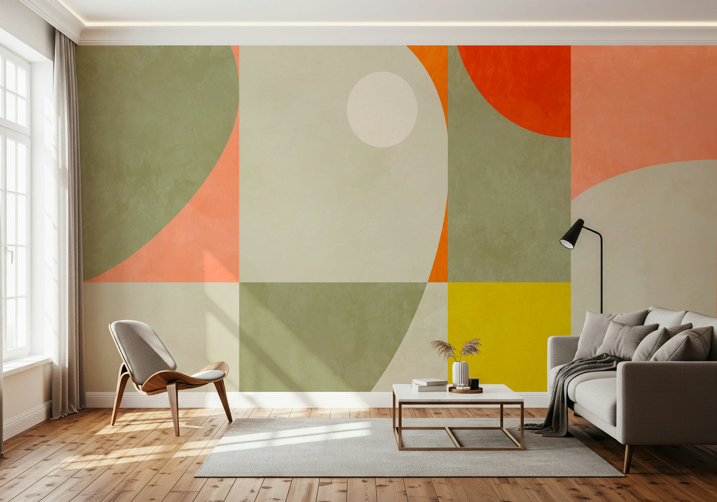 A contemplative geometric design wallpaper mural for a feature wall.
