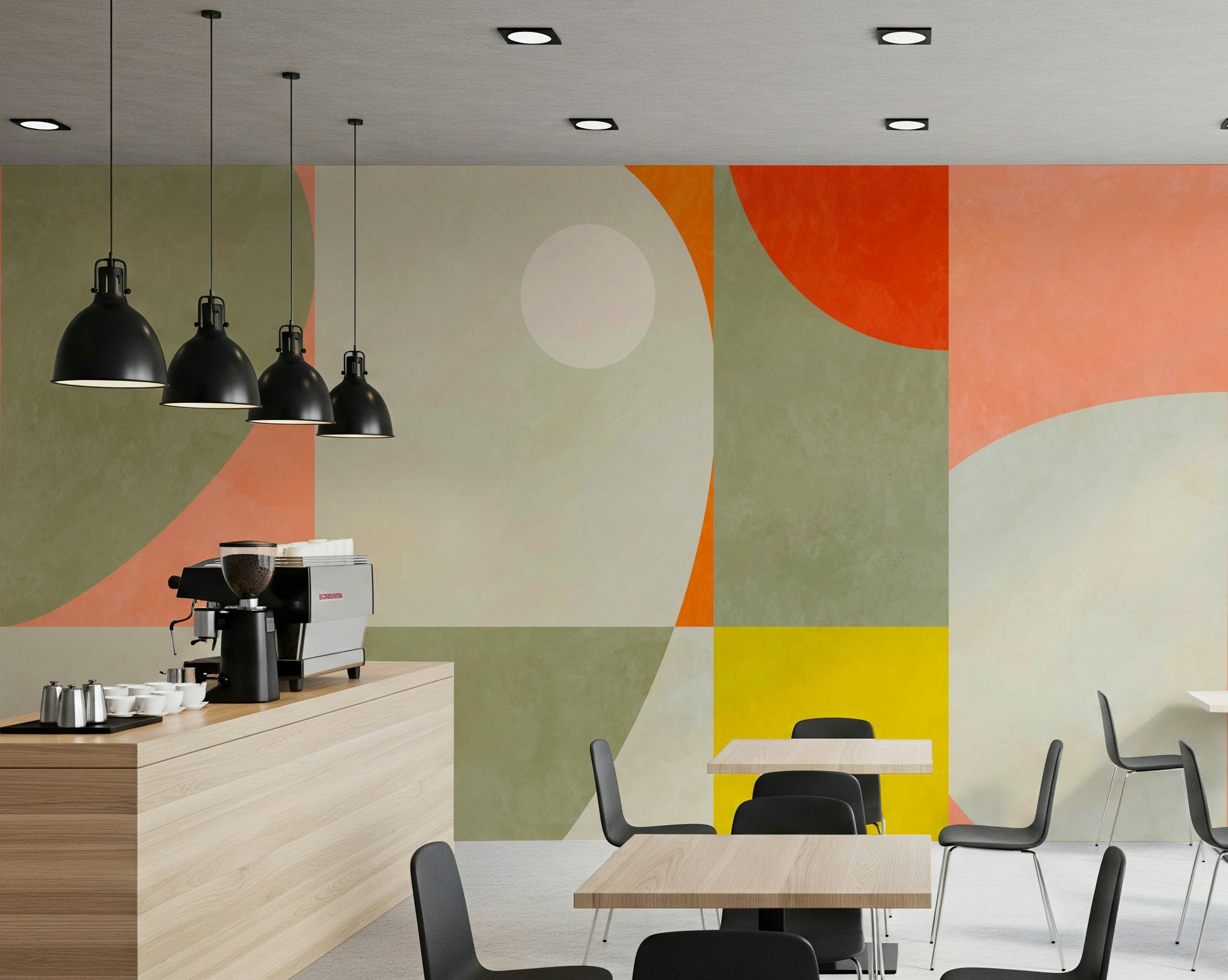 An artistic modern block mural on minimalist wallpaper.