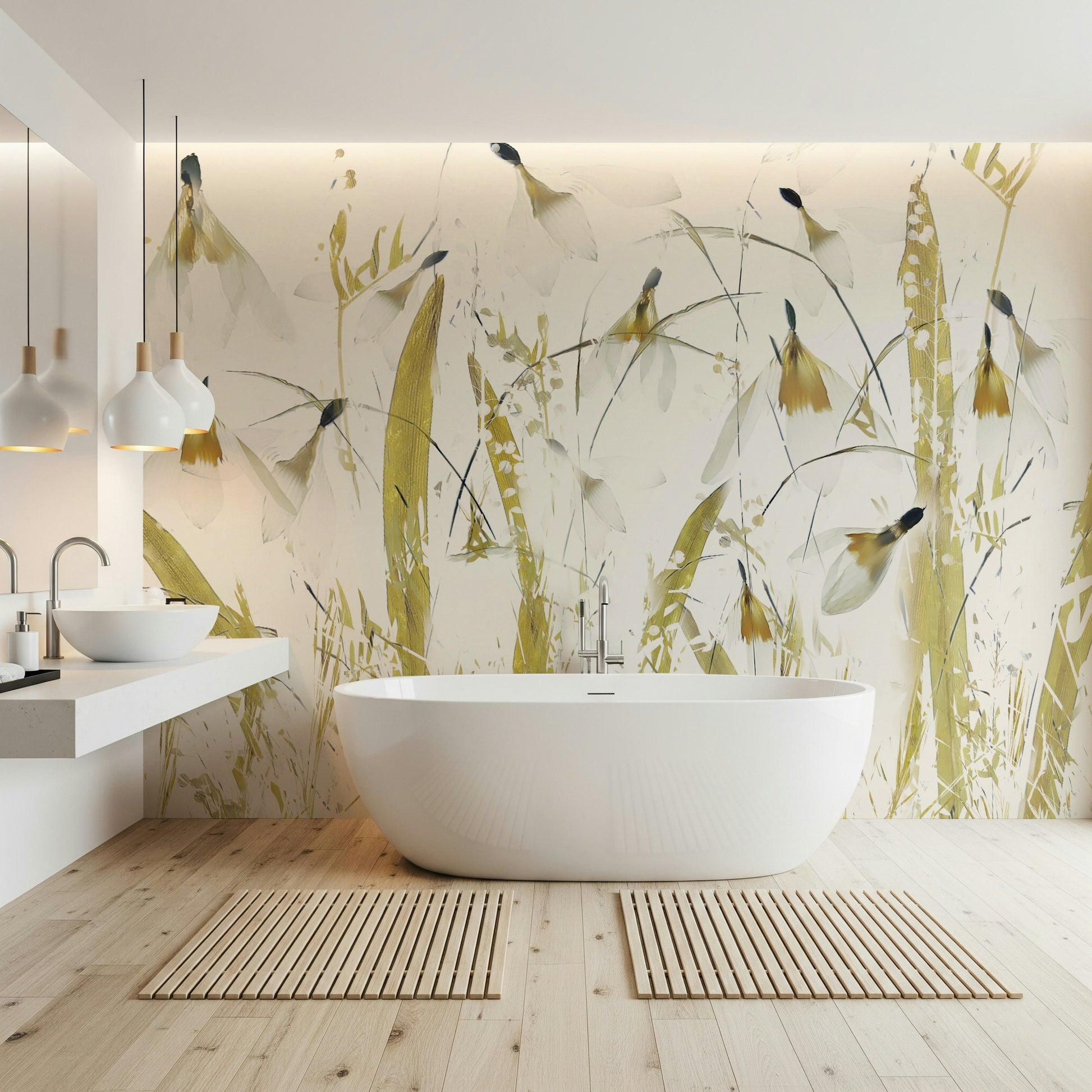 An artistic soft focus mural on minimalist wallpaper.