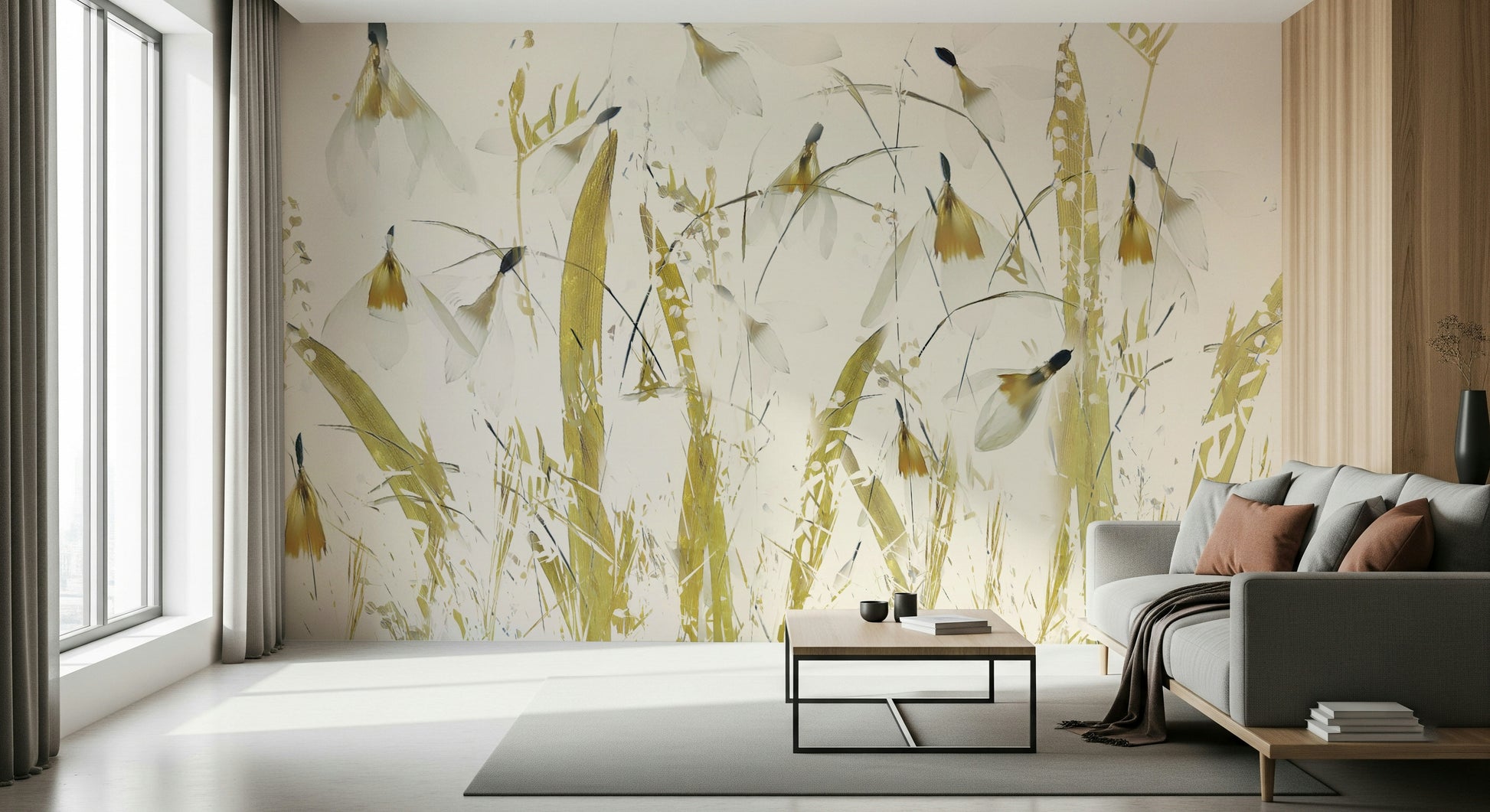 A serene flowing design wall mural with subtle gold accents.