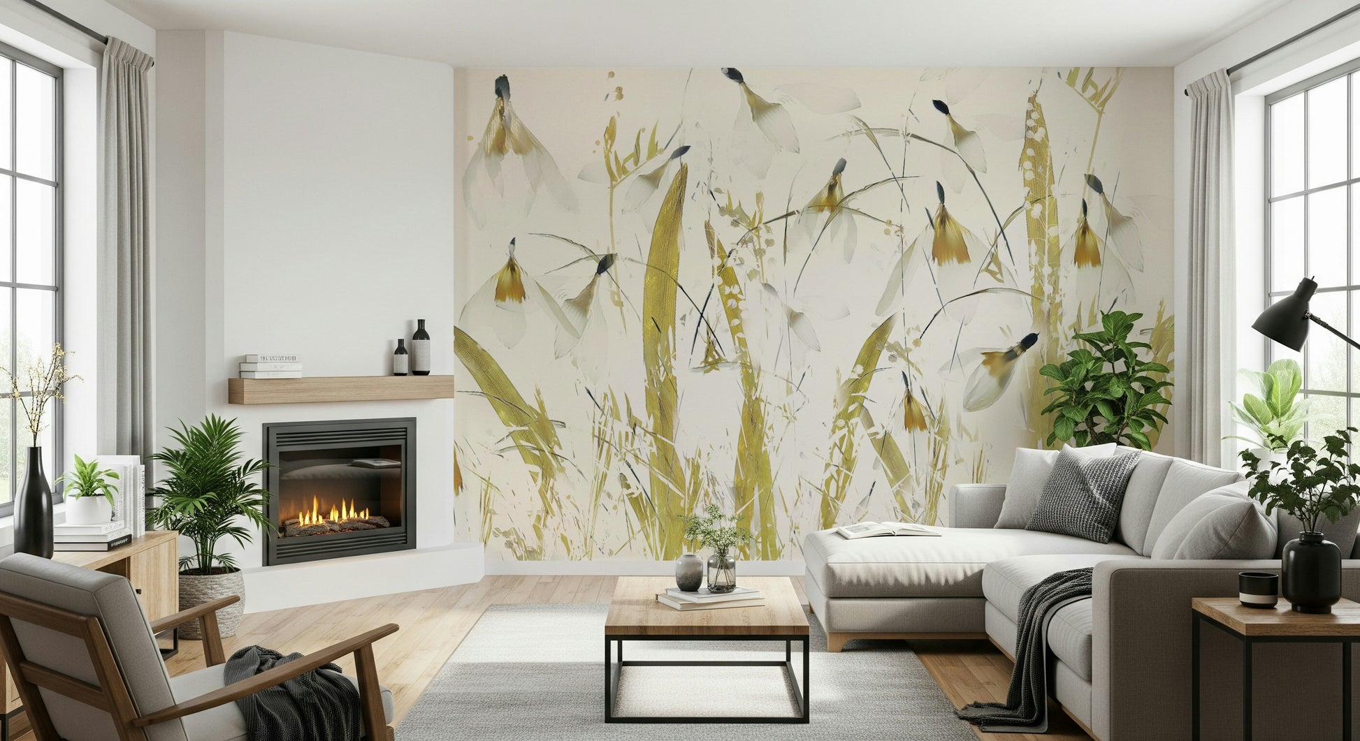A peaceful modern abstract mural on decorative wallpaper.
