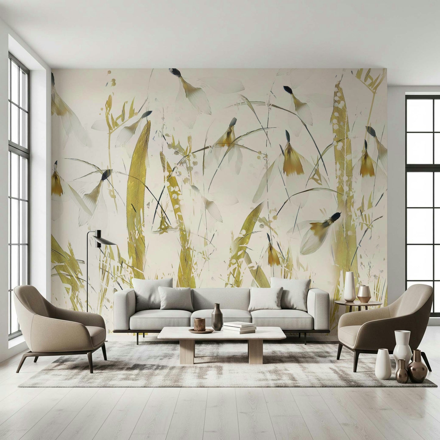 A calming abstract design wallpaper mural that defines a space.