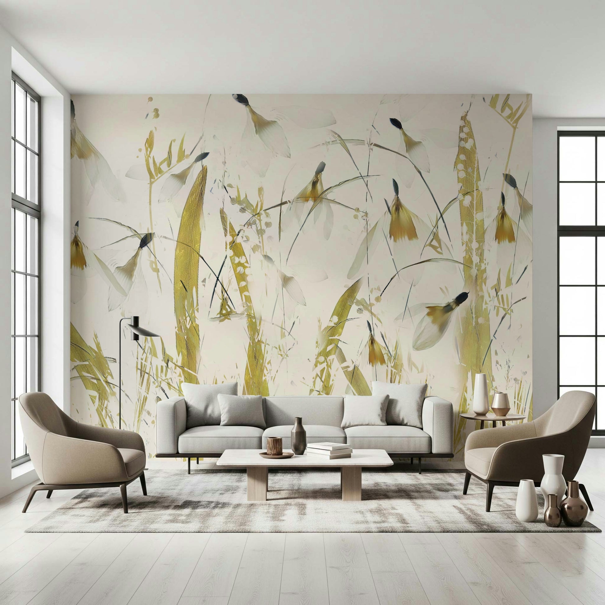 A calming abstract design wallpaper mural that defines a space.