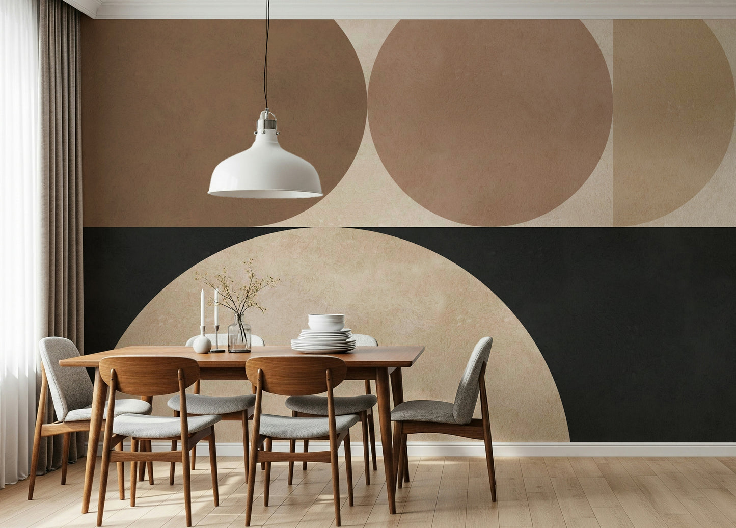 A graceful subtle circle wall mural in cool, natural tones.