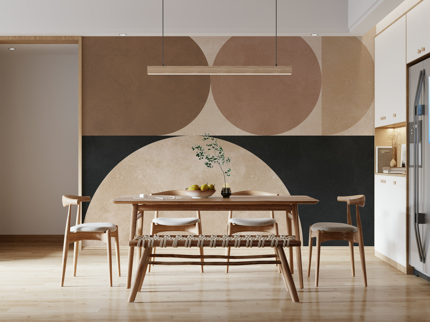 A peaceful geometric abstract mural on decorative wallpaper.
