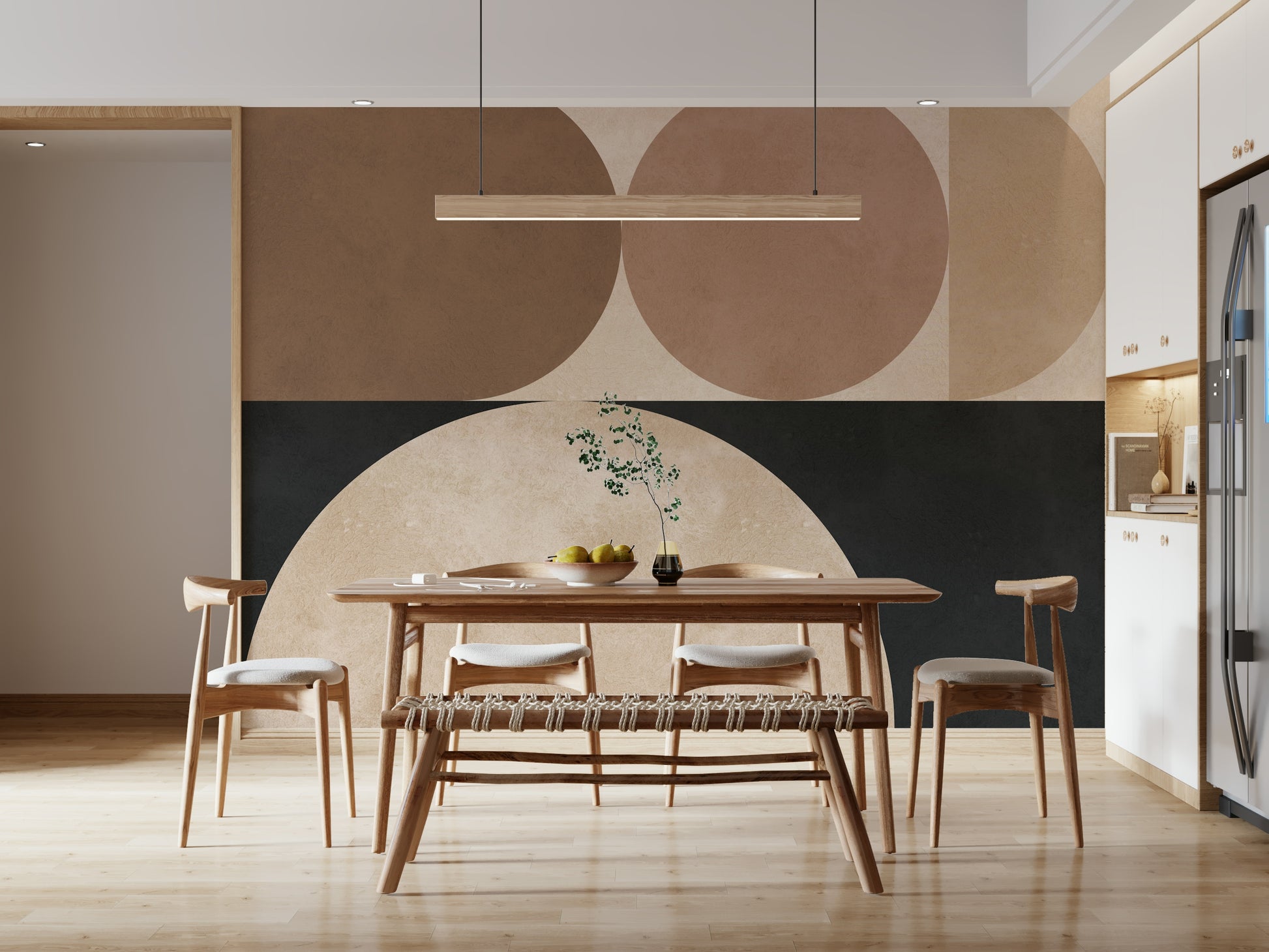 A peaceful geometric abstract mural on decorative wallpaper.