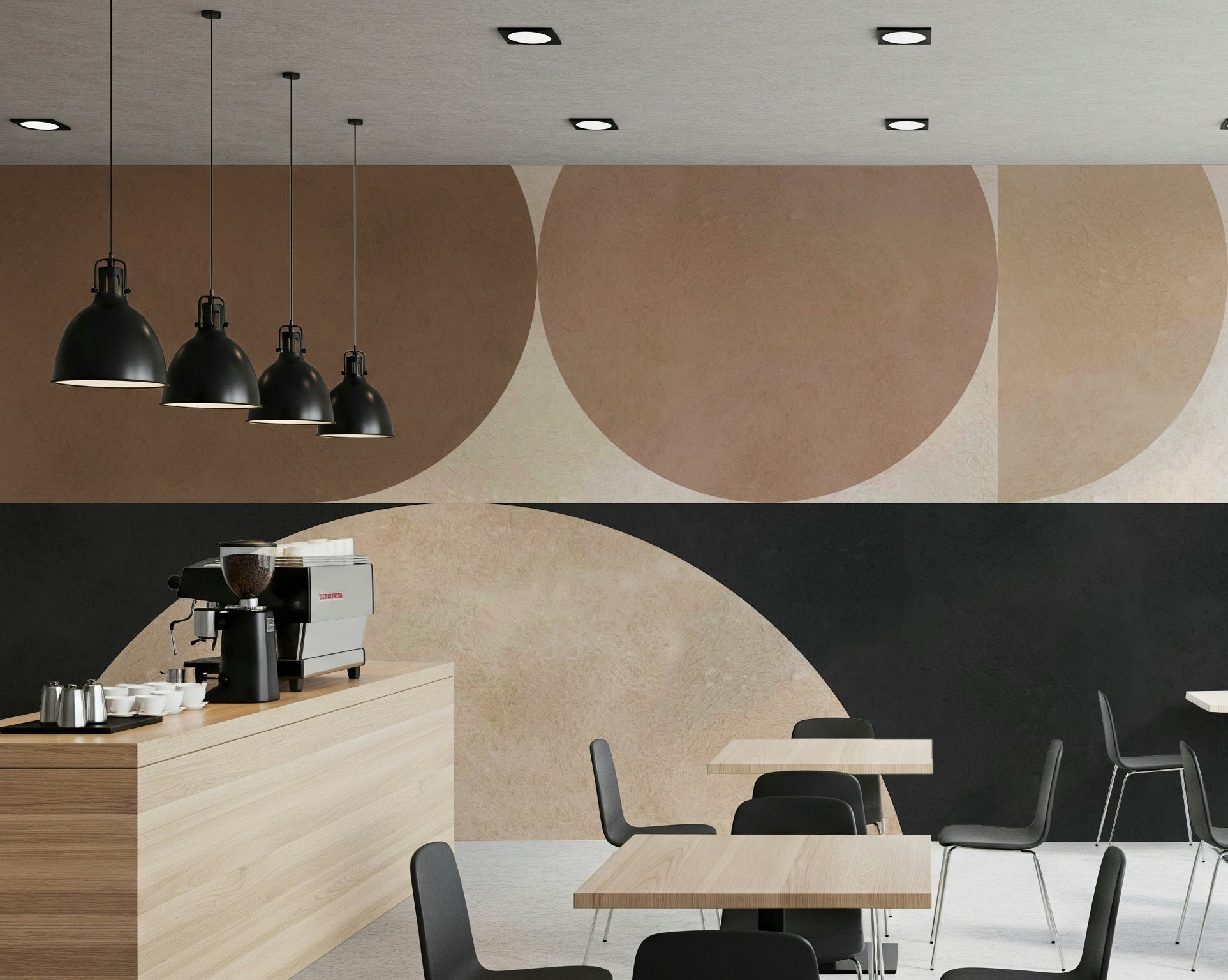 An artistic harmonious pattern mural on minimalist wallpaper.