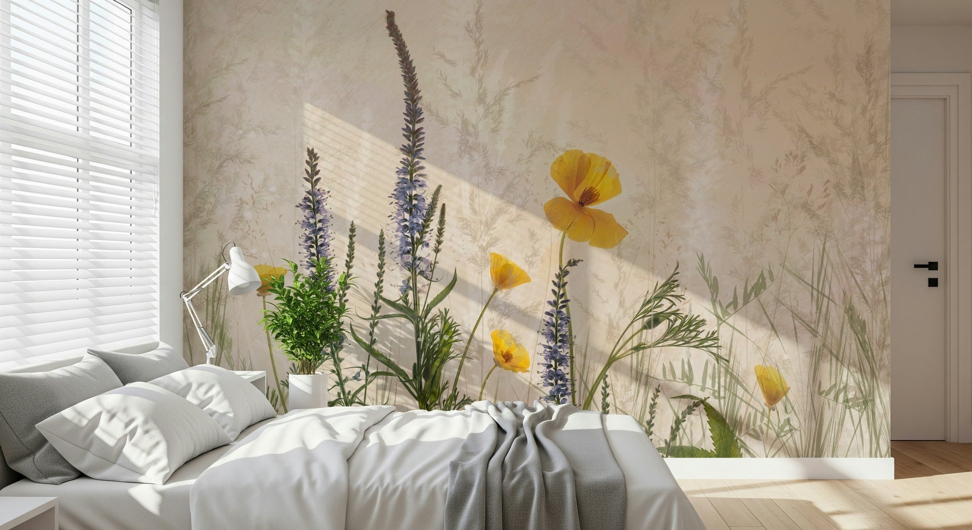 A graceful subtle flower wall mural in soft, natural tones.