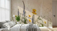 A graceful subtle flower wall mural in soft, natural tones.