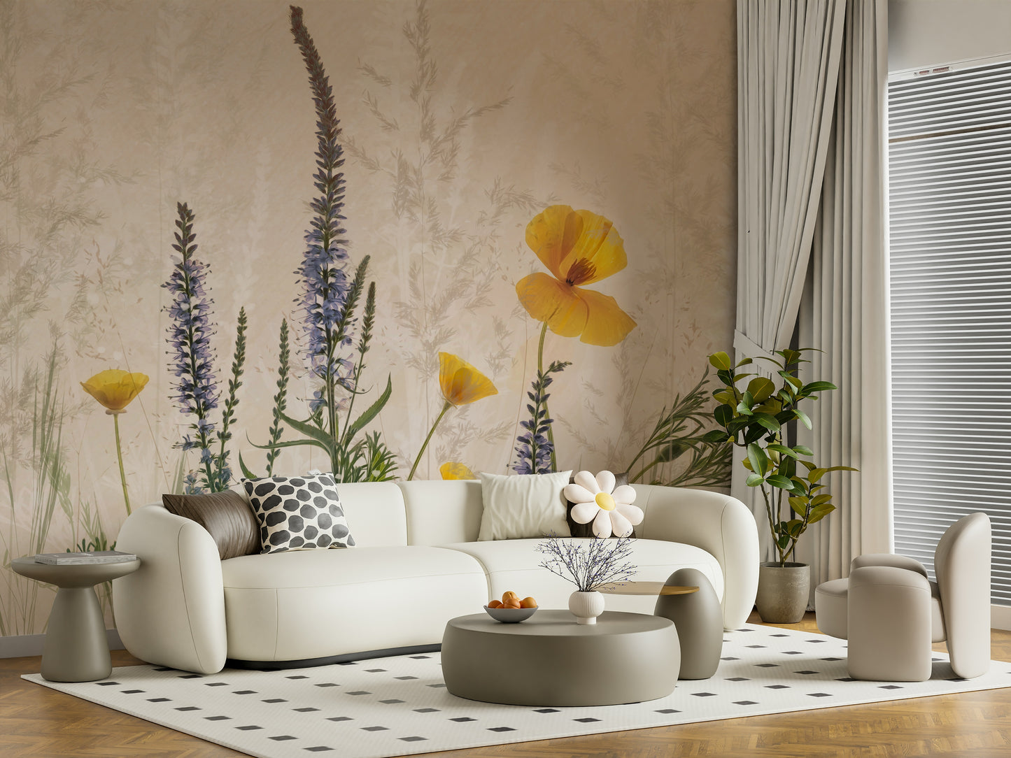 An artistic delicate bloom mural on minimalist wallpaper.
