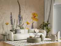 An artistic delicate bloom mural on minimalist wallpaper.